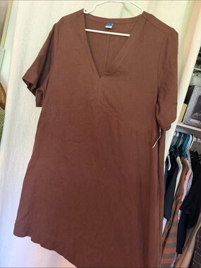 Women’s Brown V-Neck Linen Blend Tunic dress